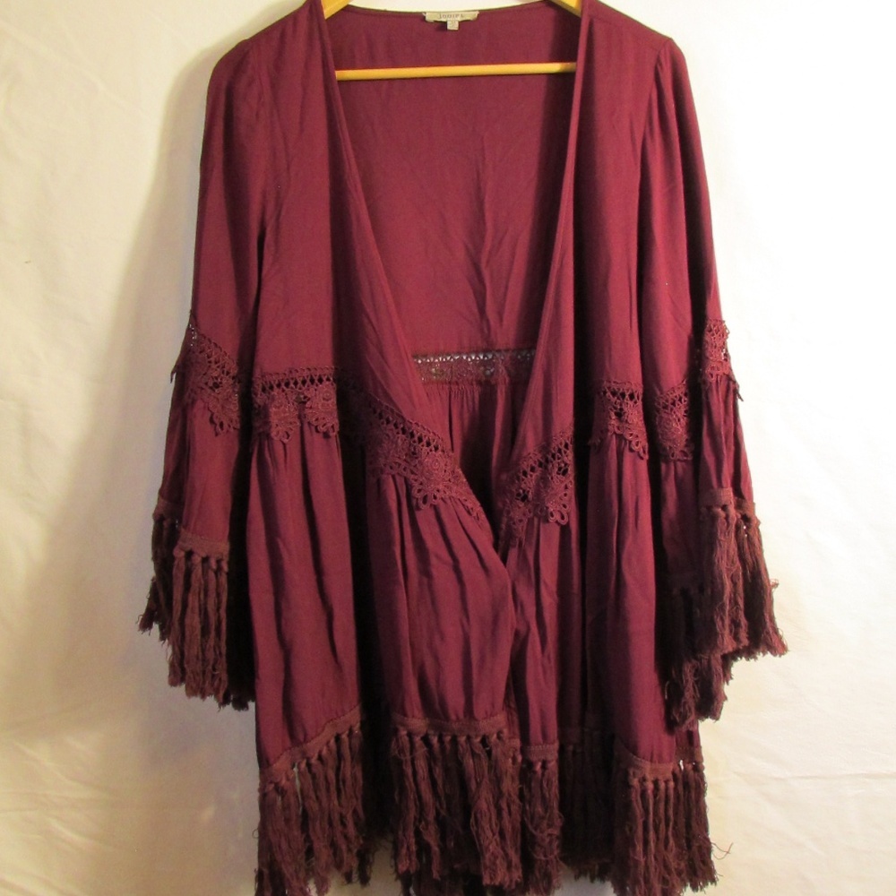 JODIFL Burgundy Cardigan with Fringe